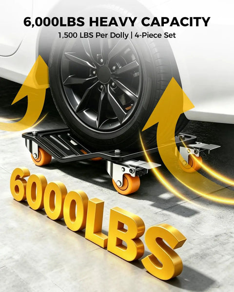 Heavy Duty Car Dolly Set Of 4 6000 Lbs Wheel Dollies For Cars Trucks And Suvs with 360 rotating casters under a vehicle tire.