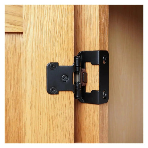 Heavy Duty Concealed Cabinet Hinges Half Overlay Partial Wrap Arms For Kitchen Makeovers shown on oak cabinet door.