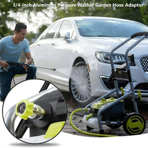 Man using Aluminum Three Quarter Inch Pressure Washer Hose Adapter With Built In Filter to clean car