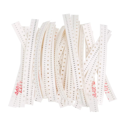 Top Shelf 0402 SMD Ceramic Capacitor Assortment Kit Featuring Thirty Different Values And A Massive One Thousand Two Hundred Piece Total with multiple white tape strips.