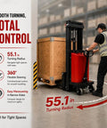 Heavy Duty Semi Electric Pallet Stacker High Lift Pallet Jack Boasts 3500 Lbs Capacity and 95 Inch Reach for Top Shelf Access in warehouse.