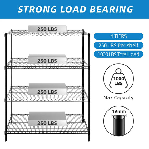 Heavy Duty Wire Shelving Unit With Four Adjustable Shelves Built Like A Tank For Garage Storage Black Coated Metal Rack showing load capacity per shelf.