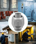 32 Pack Three Quarter Inch Liquid Tight NPT PVC Conduit Fittings in various installation settings, focus on grey connector.