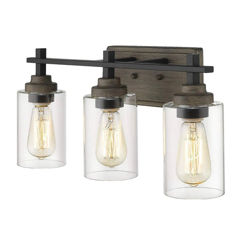 Farmhouse 3 Light Vanity Lighting Fixture In Bronze And Matte Black With Clear Cylinder Glass Over Mirror 21 Inch Bathroom Light Bar