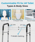 Adjustable Toilet Safety Rails With Hella Tough Handles Builds Rock Solid Support Structure for Elders and Disability Needs Supplies Badass Weight Capacity and Gnarly Anti Slip Texture Secures Your Daily Flush Routine in Black demonstrating customizable fit for various toilet types.