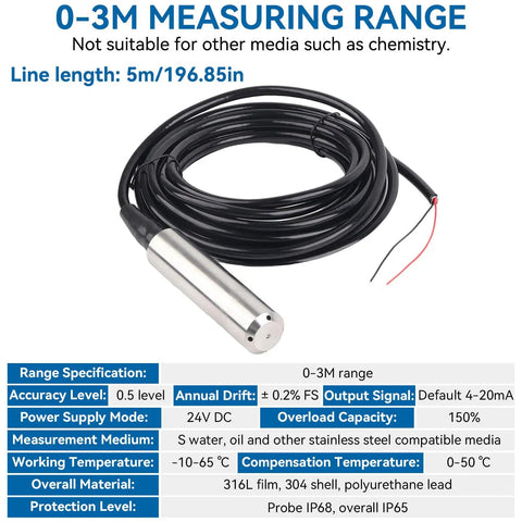 Submersible Water Level Sensor With 4 To 20mA Output DC24V 316L Stainless Steel Level Transmitter IP68 Water Resistant 5m Cable