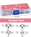 Front view of qxayxa 300-piece stainless steel finish countersunk washer set in a clear plastic case; sizes #6-#12.