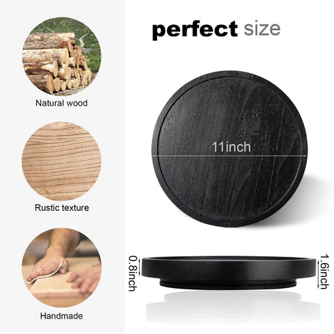 Premium Wood Lazy Susan Turntable Functions As Slick Kitchen Game Changer With Smooth Swivel Glide Waterproof 11 Inch Black Round Serving Tray top view showcasing size and texture.