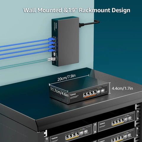 Unmanaged Six Port 2.5G PoE Network Switch wall mounted with cables, metal fanless case, desktop or wall mount shown.