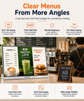 Solid 23 8 Inch Countertop Digital Menu Board With Cloud CMS Platform For No Fuss Multi Location Syncs And Straightforward Plug In Commercial Cafe Counter Display displaying menu options in a cafe.