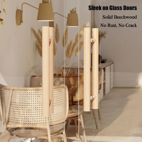 Extra Long H Shape Door Pull Bar Featuring Straight Up Premium Beech Wood Grips And Built Tough 304 Stainless Steel Connectors on glass doors