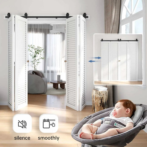 Heavy Duty Bifold Sliding Barn Door Hardware Track Kit With Hassle Free Mount And Silky Smooth Glide, Sweet Solution For Cramped Spaces, Black Supports Four Doors, showcased in a modern home.