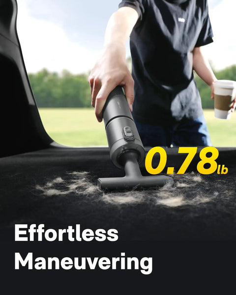 Person using 4 Pack Replacement Filters For HOTO Car Vacuum Air Duster Only 4 in 1 Portable Mini Vacuum on car seat.