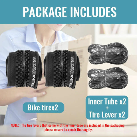 Beefy 26 Inch Mountain Bike Tire Kit Two Pack with tires, tubes, and levers for 26X1.95 mountain bikes, visible on package.