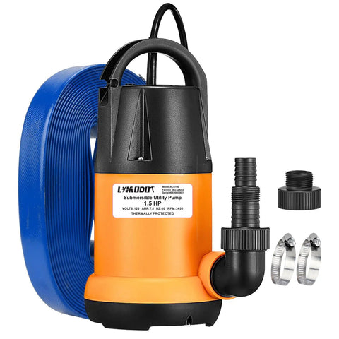 Powerful Submersible Water Pump With 25 Ft Hose Kit And 25 Ft Power Cord One And A Half HP 4000 GPH High Flow Utility Pump