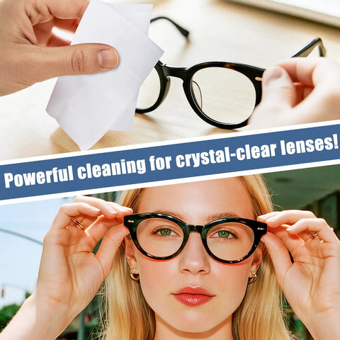 Eyeglass cleaning wipes; hands wiping lenses and a woman wearing black-frame glasses.