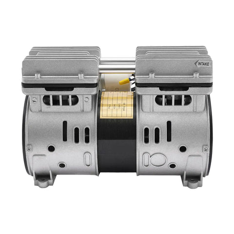Industrial Oil Free Piston Vacuum Pump Air Compressor 370W double cylinder motor with silver housing for high pressure.