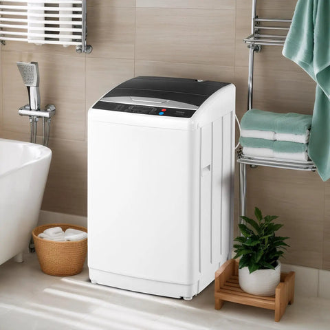 Portable Washing Machine 25LB Fully Automatic Washer Spin Dryer Combo With Stainless Steel Drum And Efficient Drain Pump in bathroom setting.