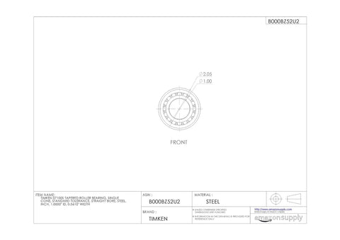 Kickass Single Cone Tapered Roller Bearing Inner Ring One Inch Straight Bore, steel construction, front view with dimensions.