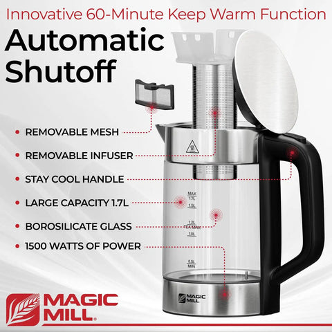 Front view of Electric Kettle With Temperature Control And Tea Infuser, 1.7L Large Capacity, highlighting features.