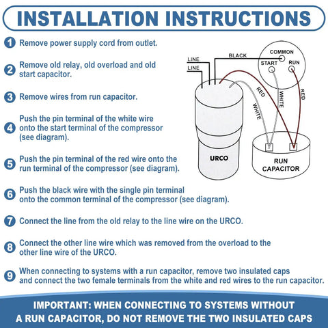 Installation instructions for Universal Hard Start Kit For Refrigerators And Freezers With Heavy Duty Capacitor plus connectors.