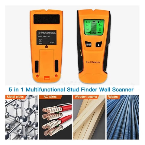 Built Tough 3 In 1 Wall Scanner And Stud Finder Including Metal Detector And Live Wire Voltage Alert For Fast Positioning Of Hidden Joists And Smooth Weekend Project Fixes In Orange, showing front and back views with screen icons.