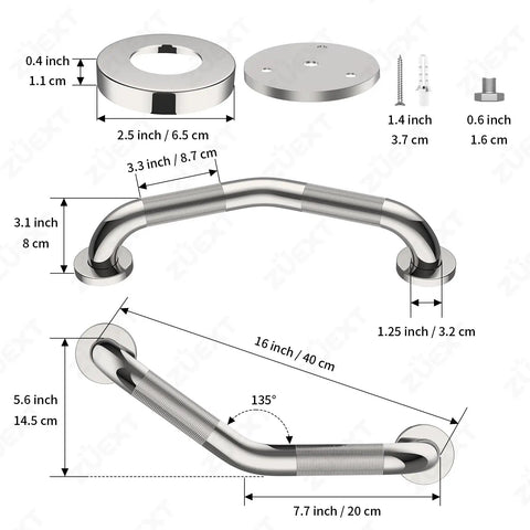 Rock Solid 16 Inch Angled Bathroom Shower Grab Bars Two Pack Heavy Duty Stainless Steel wall mount with knurled grip details.