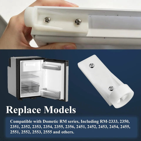 Freezer Door Hinge Plate Replacement Set for Dometic 2002244008 and Instamatic 330019 installed on RV fridge door