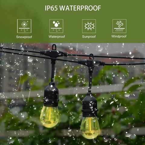 Solar String Lights Outdoor 100ft With Remote Control Dimmable Patio Lights 32 Shatterproof Bulbs in rain showing waterproof feature