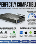 Portable External Hard Drive 1TB USB 3.0 USB-C Storage Expansion showcased in black with dimensions and compatibility chart.