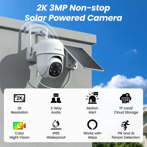 2K Wireless Outdoor Security Camera System with Solar Panel and Battery Power mounted with 360 Degree Pan, AI Human Detection, Color Night Vision.