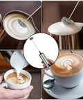 Rechargeable Milk Frother Wand With Three Independent Speeds And Five Attachments For Coffee Lattes Matcha And More Handheld Electric Whisk In Stainless Steel Perfect Gift For Kitchen Essentials And At Home Barista Vibes foaming milk and creating latte art.