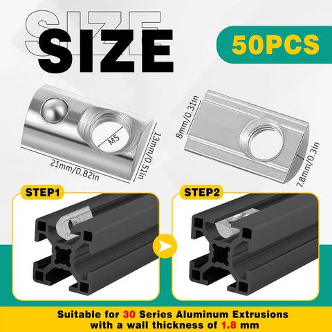 Top Shelf 50 Pack M5 Thread T Slot Spring Nuts Half Roll Steel Coil Hardware. Size details for installation with 30 series aluminum extrusions.