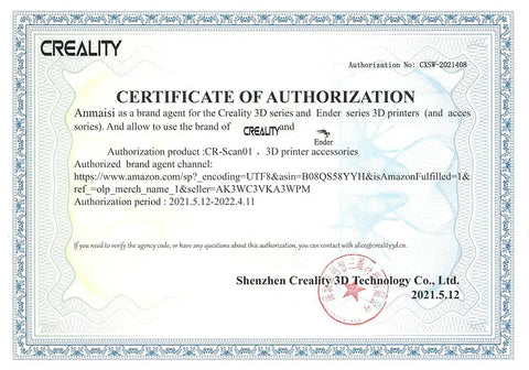 Certificate of Authorization for 3D printer accessories from Creality, detailing product and channel information.