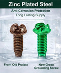 Comparison of old rusted screw and new green zinc plated screw, showcasing anti-corrosion benefit for grounding applications.