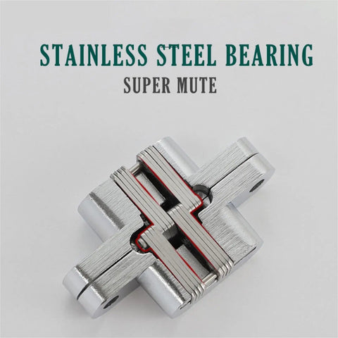 Badass Stainless Steel Hidden Door Hinges With Invisible Concealed Pivot For Cabinet Furniture Hardware Hella Rustproof And Keeping Your Doors Swinging Nice And Tight All Day Long 34X140MM viewed from above, showing the polished finish and detailed design.