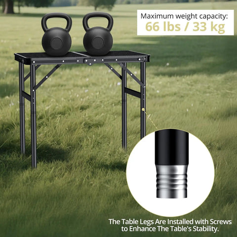 Foldable Grill Table With 3 Height Settings Up To 29.5 Inches showing weight capacity and sturdy aluminum frame outdoors