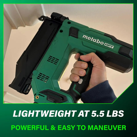 Compact 18V Cordless Brad Nailer 18 Gauge Tool Only Single Sequential Trigger Lightweight Frame fires 2 inch nails held in hand.