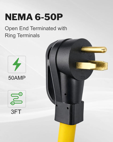 Three Foot 6/3 Awg Nema 6-50P Pigtail Power Cord Featuring Pre Crimped Copper Terminal Rings For Welder Boxes And Heavy Duty Shop Appliances Zero Fuss Mounting And Built Like A Tank At 50 Amps, close-up of NEMA 6-50P connector.