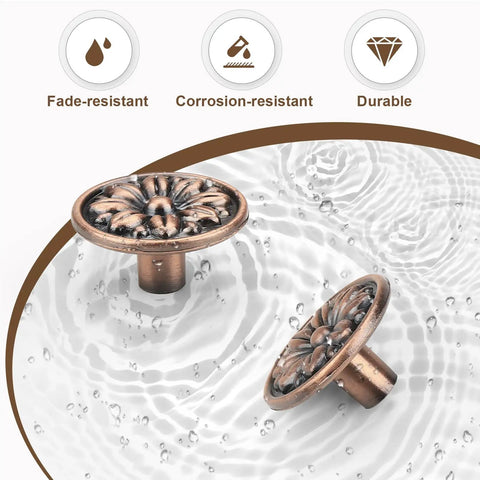 Top Shelf Vintage Antique Copper Floral Cabinet Handles 15 Pack Solid Zinc Alloy single hole drawer pulls, fade and corrosion-resistant.