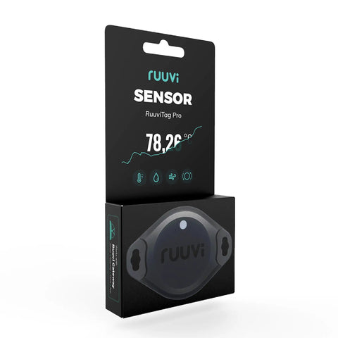 Box packaging of 4In1 Bluetooth Temp Humidity Pressure Motion Sensor With Alerts And History, black and blue design, RuuviTag Pro visible