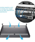 Rock Solid 1U Server Rack Shelf With Vented Steel Cantilever Mount Tray In Matte Black showcasing passive cooling design for 19-inch racks.