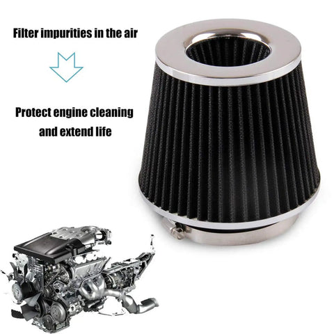 Universal Clamp On Air Intake Filter Kit For Cars And Motorcycles With Three Size Adapters 3In 3Point5In 4In High Performance Washable Replacement Filter To Boost Horsepower And Snap The Throttle Black shown beside an engine with text highlighting benefits.