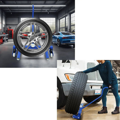 Heavy Duty Adjustable Tire Moving Cart That Handles 500 Lbs Like A Champ lifting large tire in garage workshop with blue frame