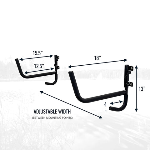 Dimensions of Heavy Duty Swivel Kayak Rack For Garage Walls That Folds Flat Saves Floor Space, measures 18" wide, adjustable.