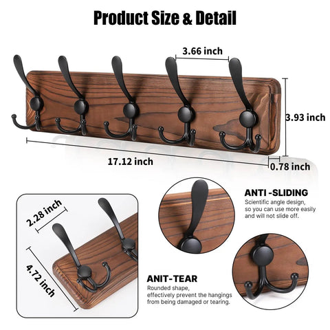 Detailed view of rustic wall mount coat rack with five triple hooks, solid wood base, size and anti-slide, anti-tear features shown.