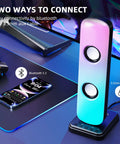 Desktop Computer Speaker Set With 20W HiFi Stereo Sound For Gaming Built In Bluetooth And 3.5mm Aux In RGB Lights on desk.