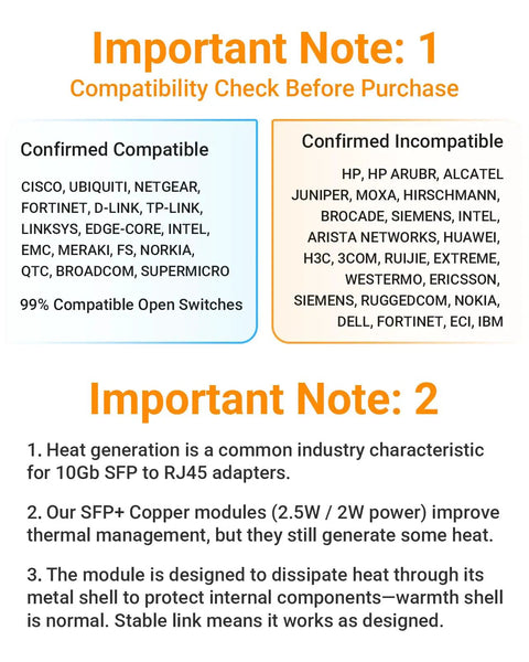 Compatibility check and heat info for 10G SFP Plus to RJ45 Copper Adapter with auto sensing, low power under 2.5W