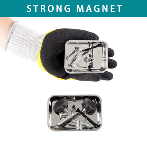Gloved hand holding stainless steel tray with screws, part of Eight Piece Rectangle Magnetic Tray Set Stainless Steel Tool Trays.