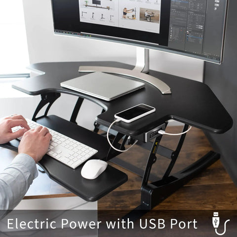 43 Inch Corner Electric Height Adjustable Desk Riser For Dual Monitors, Sit To Stand Tabletop Converter With USB Port